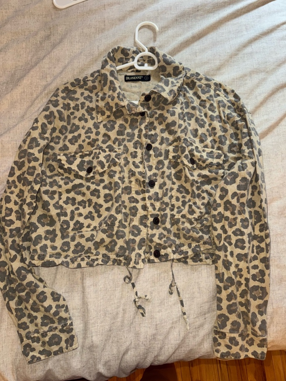 Blank NYC Beige and Gray Leopard Cropped Jean Jacket